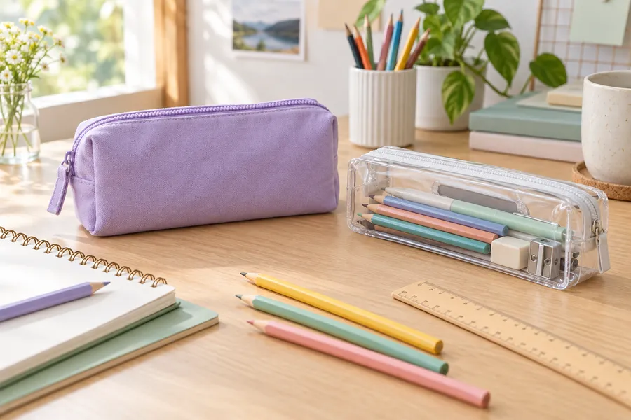 Colourful pencil cases with neatly arranged stationery on a light desk